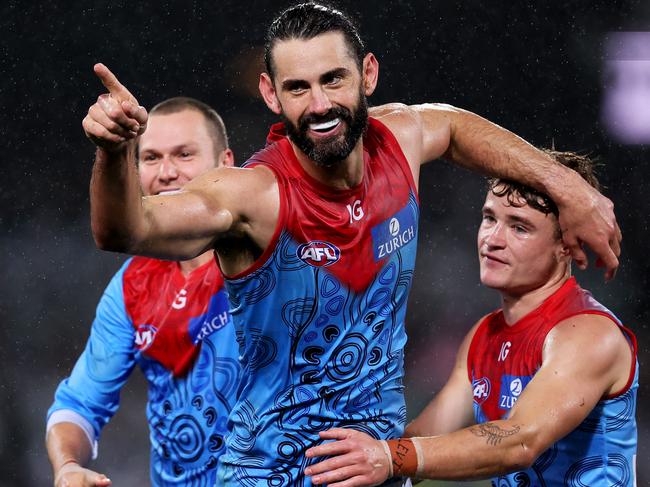 ADELAIDE, AUSTRALIA - MAY 19: Brodie Grundy of the Demons celebrates a goal during the 2023 AFL Round 10 match between Yartapuulti/Port Adelaide Power and Narrm/Melbourne Demons at Adelaide Oval on May 19, 2023 in Adelaide, Australia. (Photo by James Elsby/AFL Photos via Getty Images)