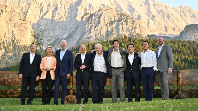 The leaders of the G7. From left: Italy's PM Mario Draghi, European Commission's Ursula von der Leyen, US President Joe Biden, Germany's Chancellor Olaf Scholz, Britain's Prime Ministerish PM Canadian PM Justin Trudeau, Japanese PM Fumio Kishida, French President Emmanuel Macron and European Council's Charles Michel. Picture: Thomas Lohnes/Getty