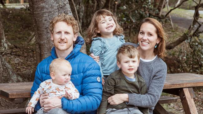 Eliza Kiers and Alex Coulter with their children Isabel, George and baby Alex.