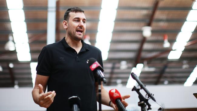 Andrew Bogut speaks to the media. Picture: Getty Images.