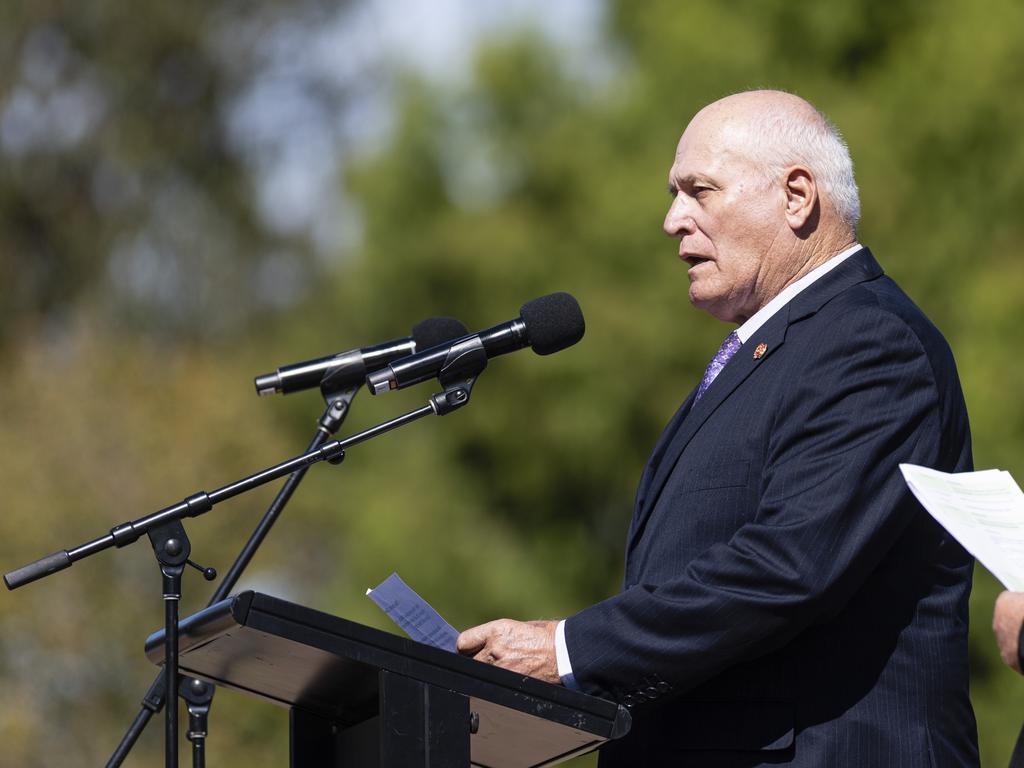 Bob Johnson reads the Verteran's Covenant at Toowoomba's Anzac Day mid-morning service at the Mothers' Memorial, Thursday, April 25, 2024. Picture: Kevin Farmer