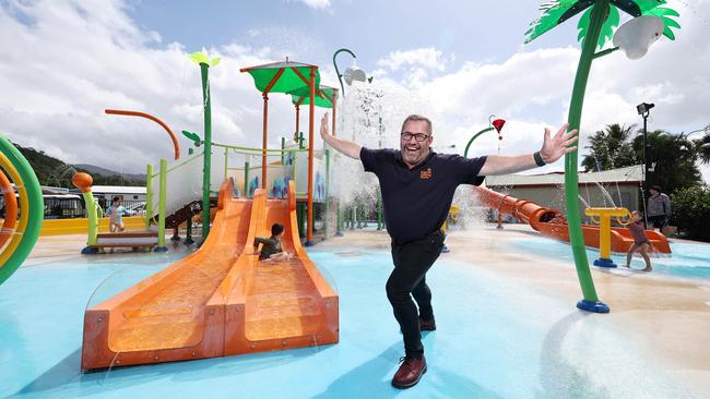 Ingenia Cairns Coconut holiday park has upgraded its very popular splash park, with the original splash park being replaced after 15 years. Ingenia Holiday Parks operations manager Ben Jones-Wilson celebrates the opening of the new splash park at Cairns Coconut holiday park. Picture: Brendan Radke