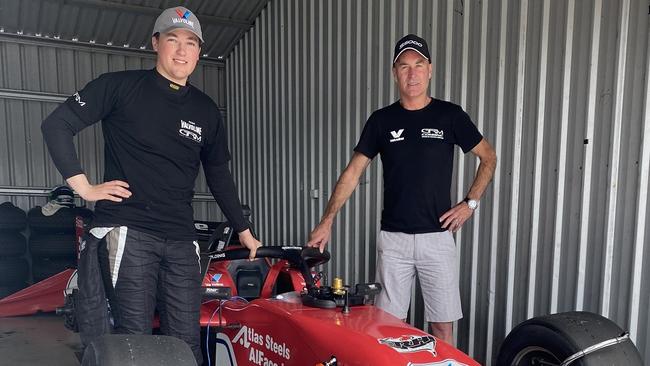 Noah Sands is a rising star in open wheel racing in Australia. He is pictured with team owner Barry Rogers. Picture: Garry Rogers Motorsport.