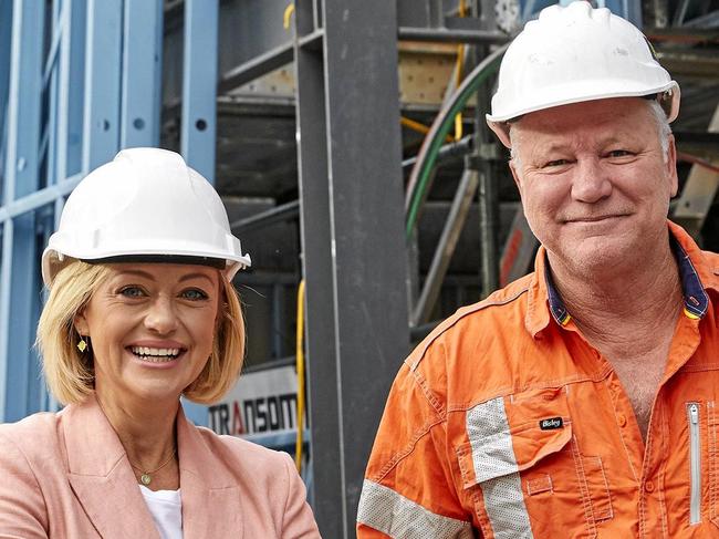 The Block hosts Shelley Craft and Scott Cam on the construction site at The Oslo. Supplied by Channel 9.