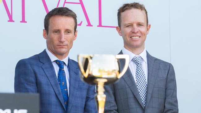 Multiple Melbourne Cup-winning jockeys Damien Oliver and Kerrin McEvoy. Photo: Asanka Ratnayake/Getty Images.