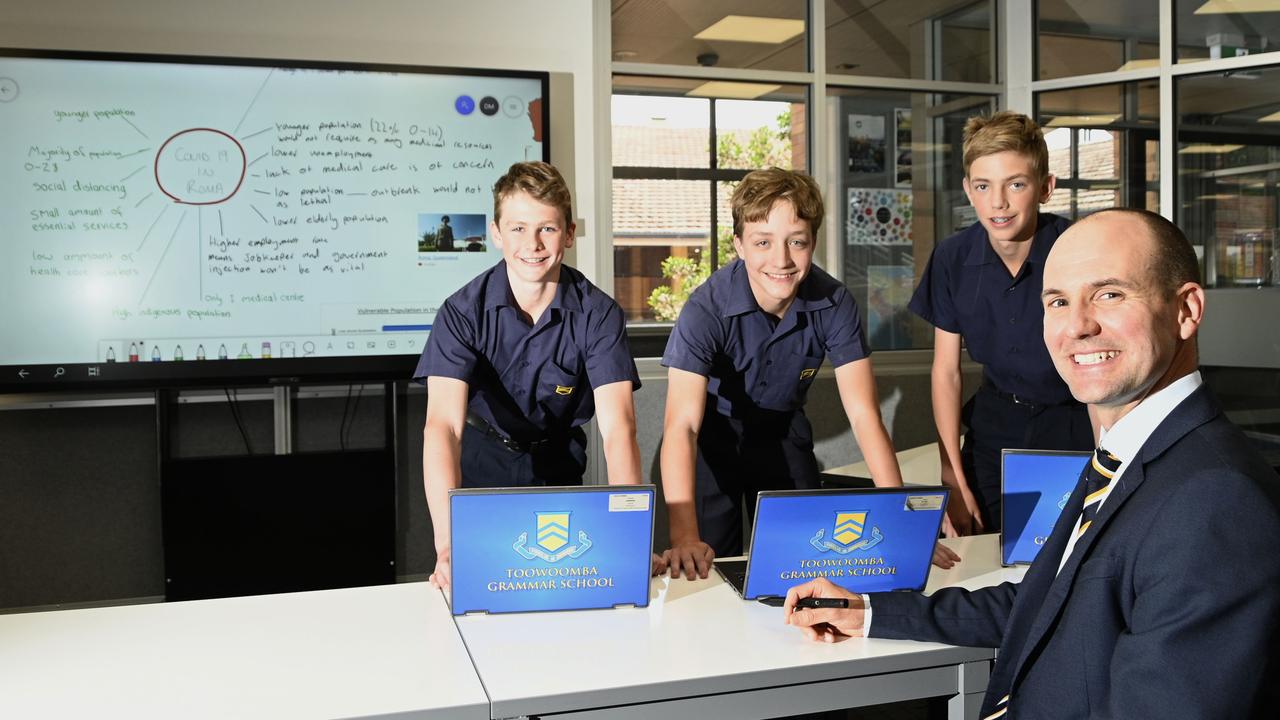 Toowoomba Grammar School (TGS) one of only 11 schools in the country, and the only one in Queensland, to be recognised as a Microsoft Gold School for leading the way in technology. Mark Oliphant, head of senior school with students, from left; Juert Eerkins, Jonathan Moffitt and Alistair McKay.