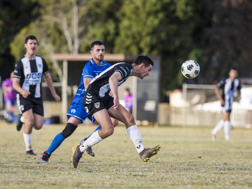 Willowburn player Lachlan Matthews heads the ball back in the match against Rockville Rovers in Toowoomba Football League Premier Men round 13 at Captain Cook reserve, Sunday, June 20, 2021. Picture: Kevin Farmer