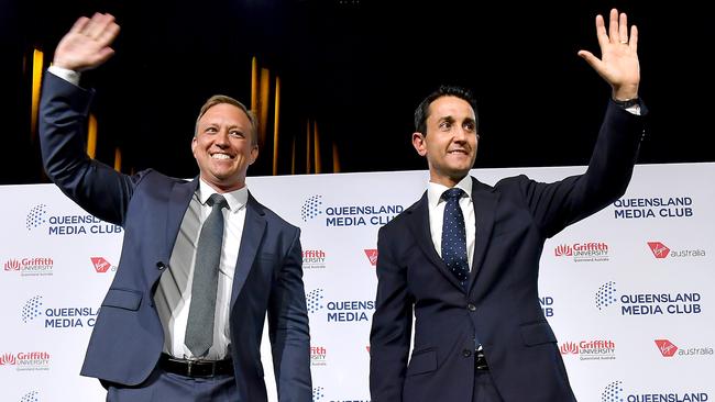 Queensland Premier Steven Miles and Opposition Leader David Crisafulli before the second leaders’ debate. Picture: NewsWire / John Gass