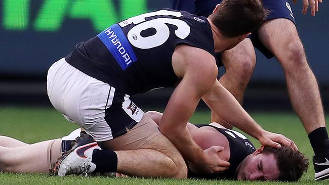 Jed Lamb after being knocked out. Picture: Michael Klein