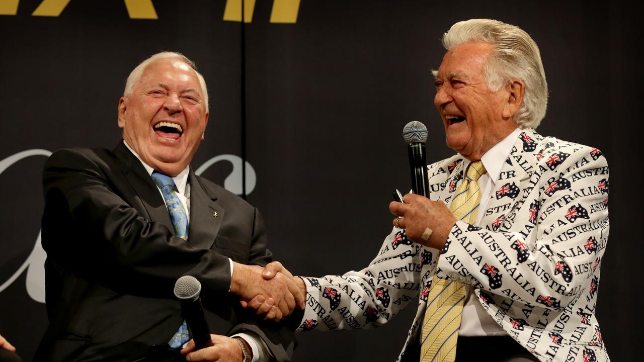 Bob Hawke tells a joke to Alan Bond and the guests during a luncheon to commemorate the 30th Anniversary of Australia II's America's Cup victory at the Hilton Hotel. Sydney.