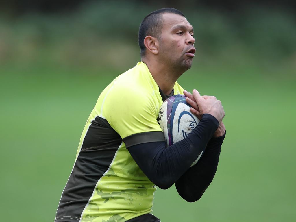 Kurtley Beale grabs on to the ball at a Wallabies training session in Scotland. Picture: Ian MacNicol/Getty Images