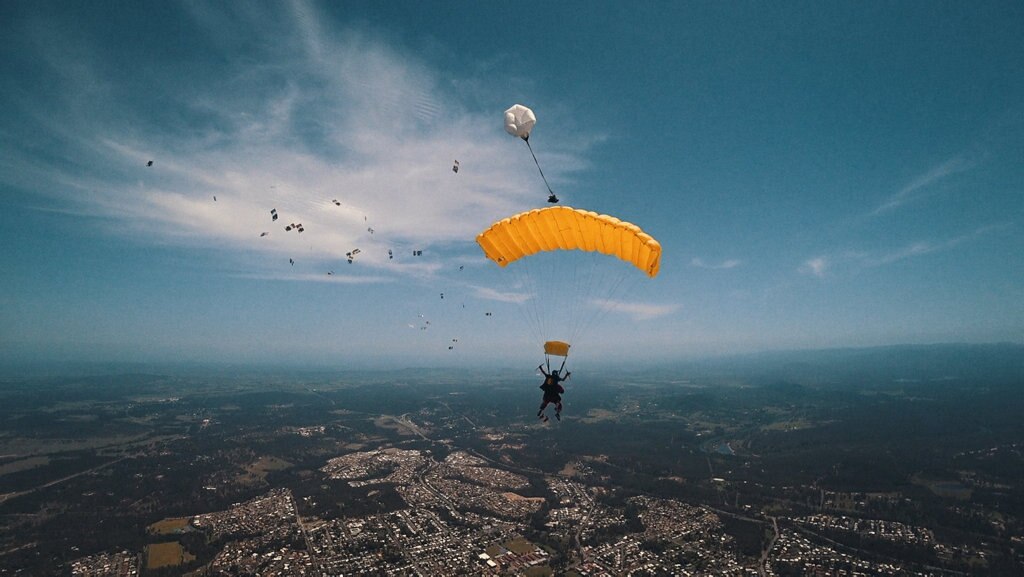 Brisbane radio host Stav Davidson dropped $10,000 in $5 notes during a skydive. Picture: Contributed