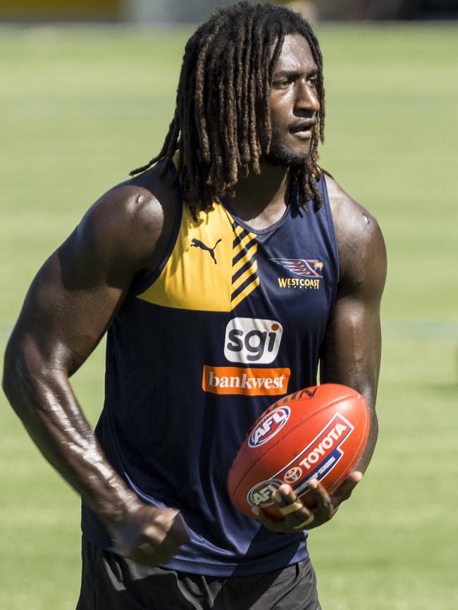 West Coast Eagles players during a short, open training session at Subiaco Oval. Pictured is Nic Naitanui, who has put on some muscle during the off-season.