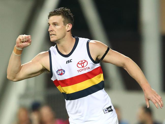 Josh Jenkins celebrates after kicking a goal during the Round 11 match against Melbourne in Darwin, Australia. Picture: Scott Barbour/Getty Images