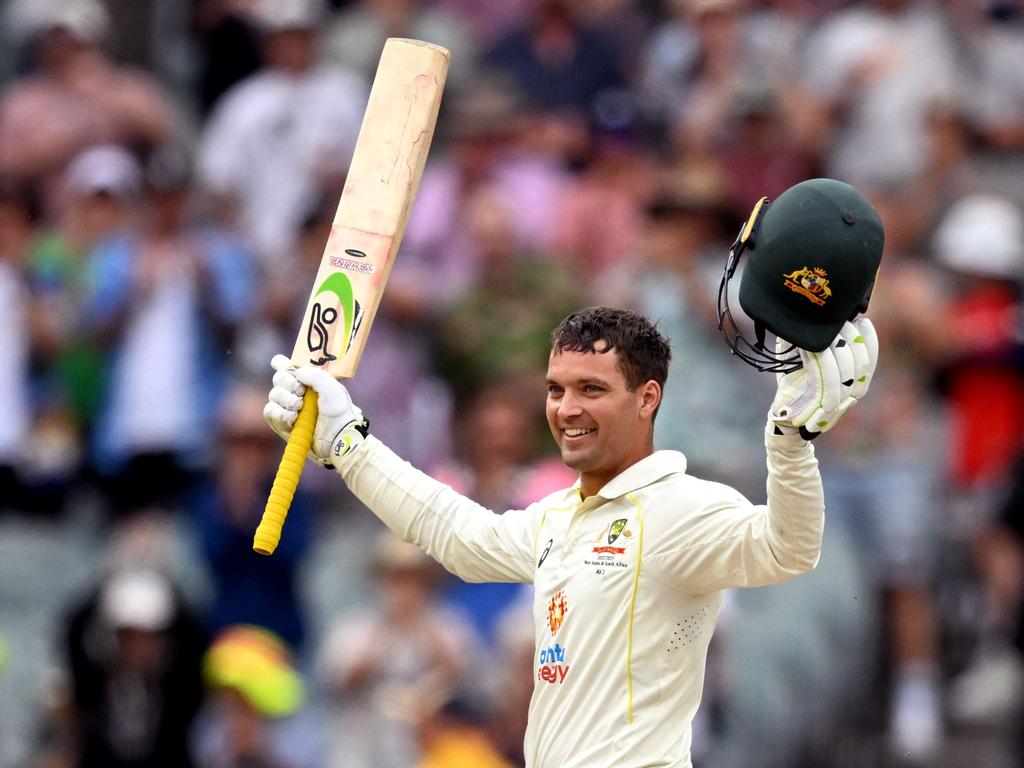 Alex Carey blasted his maiden Test century in melbourne. Picture: William West/AFP