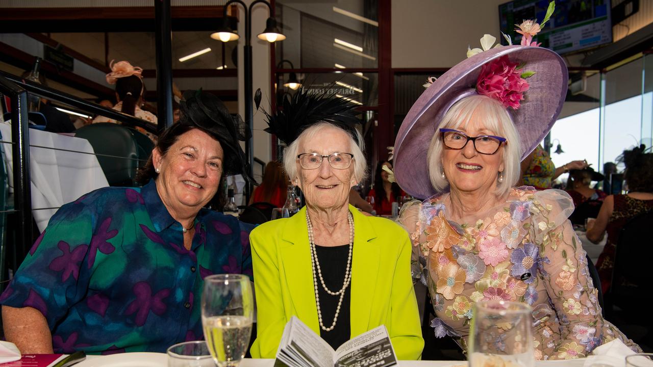 Sharon Wilson, Margret Healey and Terri Hart at the 2024 Darwin Cup Carnival Ladies Day. Picture: Pema Tamang Pakhrin