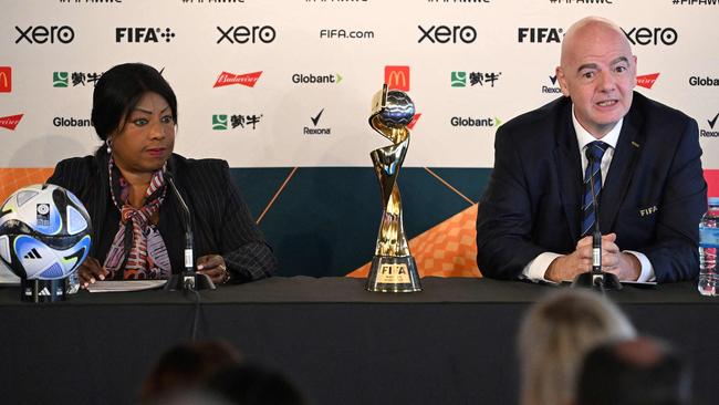 FIFA president Gianni Infantino (R) and FIFA Secretary-General Fatma Samoura attend a press conference in Auckland ahead of the 2023 FIFA Women’s World Cup. (Photo by Saeed KHAN / AFP)