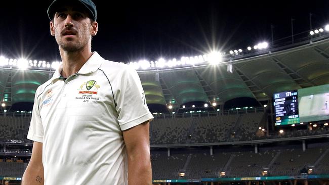 Mitchell Starc of Australia is seen after winning on day 4 of the first Test match between Australia and New Zealand at Optus Stadium in Perth, Sunday, December 15, 2019. (AAP Image/Richard Wainwright) NO ARCHIVING, EDITORIAL USE ONLY, IMAGES TO BE USED FOR NEWS REPORTING PURPOSES ONLY, NO COMMERCIAL USE WHATSOEVER, NO USE IN BOOKS WITHOUT PRIOR WRITTEN CONSENT FROM AAP