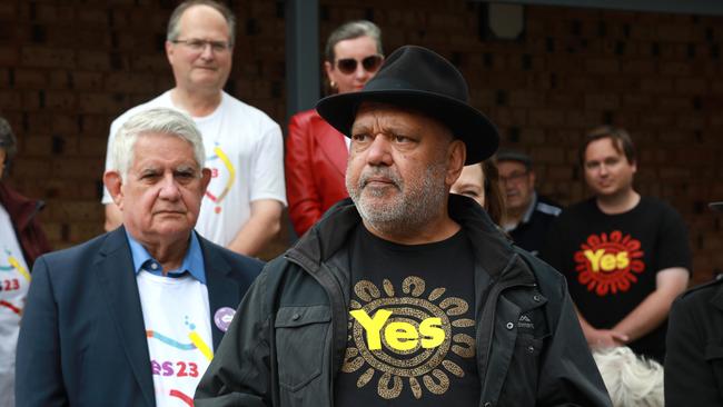 Noel Pearson and former Liberal Indigenous Australians minister Ken Wyatt, left, promote the Yes23 campaign in Kalamunda on Tuesday. Picture: NCA NewsWire / Philip Gostelow