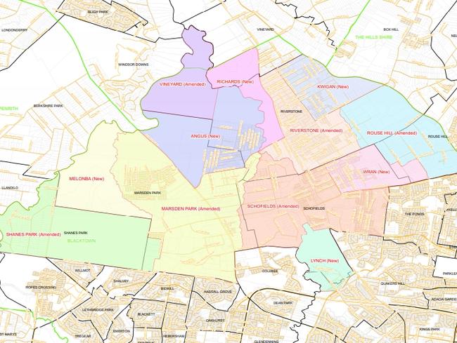 The proposed boundaries of new and altered suburbs in Blacktown city. Picture: Geographical Names Board