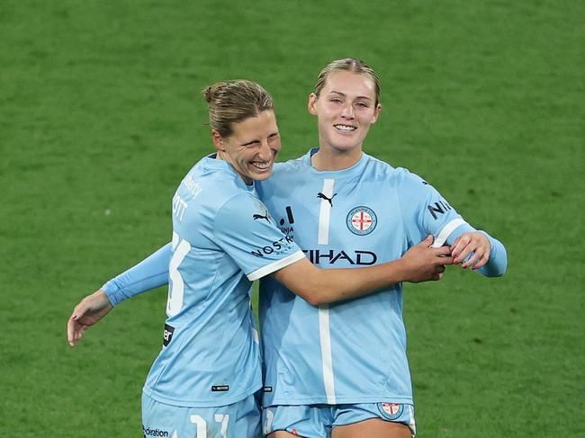 Rebekah Stott and Taylor Otto of Melbourne City. Photo: Daniel Pockett/Getty Images.