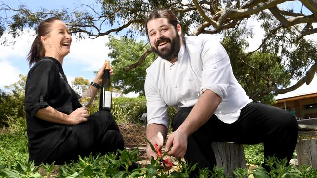 Alli Kocsis and Bush Devine Cafe head chef Thomas Erkelenz in the Clare restaurant’s bush garden. Picture: Tricia Watkinson