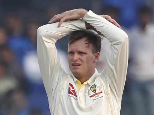 DELHI, INDIA - FEBRUARY 17: Matthew Kuhnemann of Australia reacts during day one of the Second Test match in the series between India and Australia at Arun Jaitley Stadium on February 17, 2023 in Delhi, India. (Photo by Pankaj Nangia/Getty Images)