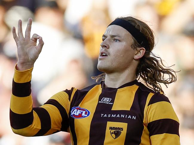 MELBOURNE , AUSTRALIA. April 7 , 2024.  AFL Gather Round. Round 4. Collingwood vs Hawthorn at the Adelaide Oval.   Jack Ginnivan of the Hawks celebrates a 1st quarter goal   . Pic: Michael Klein