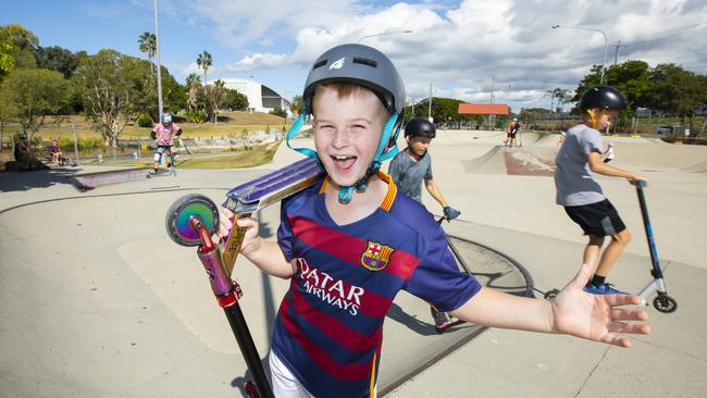 9 year old Chase Crew is happy to be back at the Redcliffe skatepark. Picture: Renae Droop