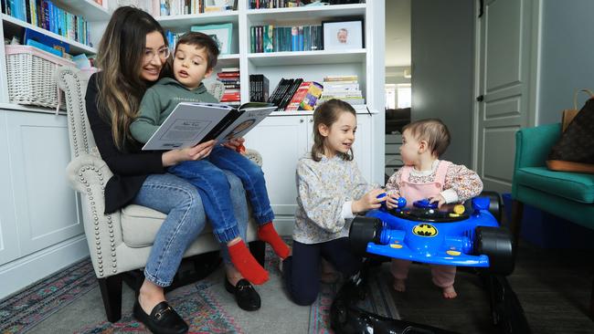 Writer Sarah Ayoub with children Alissar, 6, Jack, 3, and Anthea 9 months at their home in Sydney's west. Picture: John Feder