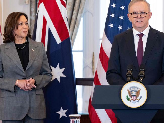 Australian Prime Minister Anthony Albanese speaks alongside US Vice President Kamala Harris during a State Luncheon hosted by at the State Department in Washington, DC, October 26, 2023. (Photo by SAUL LOEB / AFP)