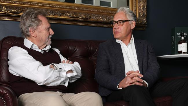 Tasmanian Dad and businessman Ken Fleming with Dr Michael Buckland in conversation at the Lenna Hotel in Hobart. Picture: Linda Higginson