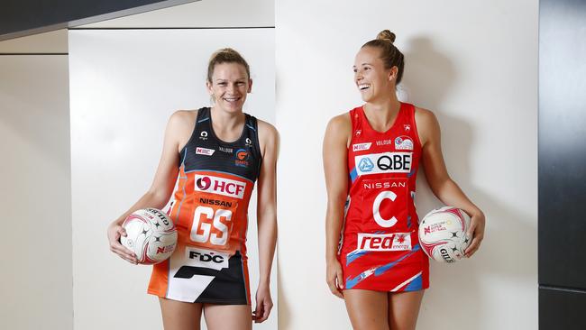 Giants captain Jo Harten (left) and Swifts skipper Paige Hadley are ready for the Super Netball season. Picture: Toby Zerna