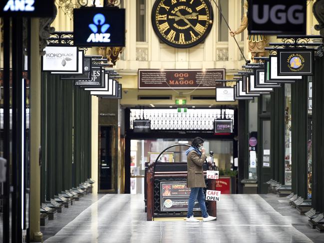 The normally bustling Royal Arcade in the Bourke Street Mall. Picture: NCA NewsWire / Andrew Henshaw