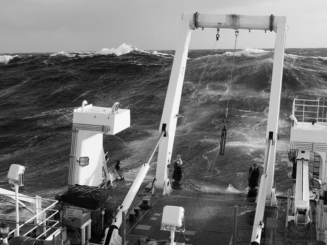 Fugro Discovery encounters rough weather in April this year as they hunt for the plane. Picture: ATSB, Chris Straddon