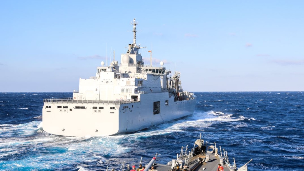 Jacques Chevallier (background) after resupplying guided-missile destroyer USS Stout in December, 2024. Picture: U.S. Naval Forces Europe-Africa/U.S. Sixth Fleet.