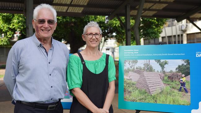 Lord Mayor Kon Vatskalis and Lee Harrop, one of five artists selected by the City of Darwin to transform Smith St. Picture: City of Darwin