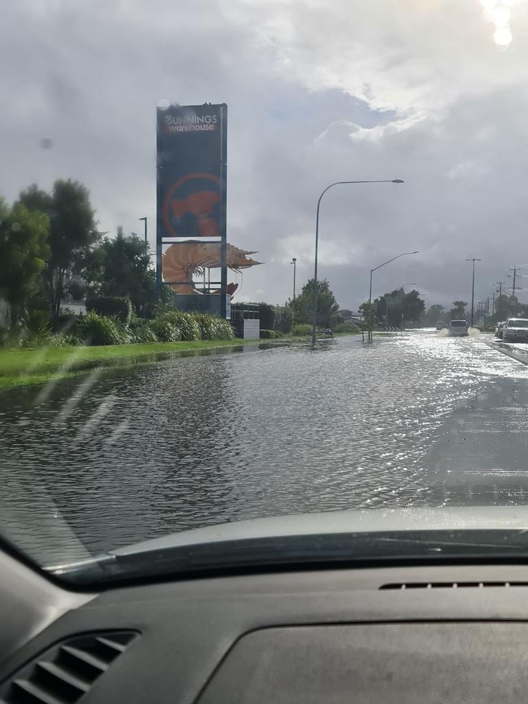 Floodwaters arriving beside Bunnings and The Big Prawn at West Ballina, March 1, 2022. Picture: Tori-Anne Stamp