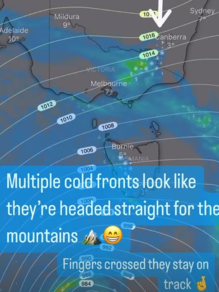 Multiple cold fronts are expected to bring up to 40cm of snowfall in just three days. Picture: Instagram