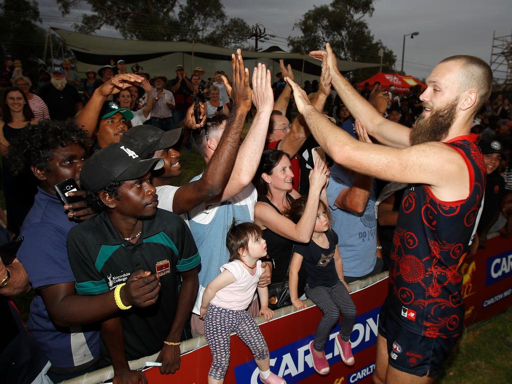 ALICE SPRINGS, AUSTRALIA - MAY 27: Max Gawn of the Demons celebrates during the 2018 AFL round 10 match between the Melbourne Demons and the Adelaide Crows at TIO Traeger Park on May 27, 2018 in Alice Springs, Australia. (Photo by Michael Willson/AFL Media/Getty Images)