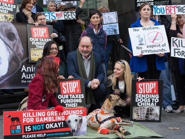 Lynda Stoner (front, right) with other activists protesting the export of Australian greyhounds to Macau.