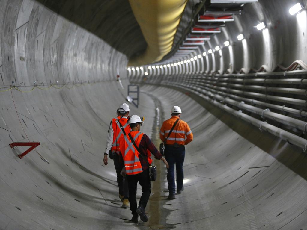 Underground in the North West Rail Link tunnel near Bella Vista. The North West Rail Link is underway and TBM Elizabeth has cut through 1092metres of earth travelling East from Bella Vista. Picture: Bradley Hunter