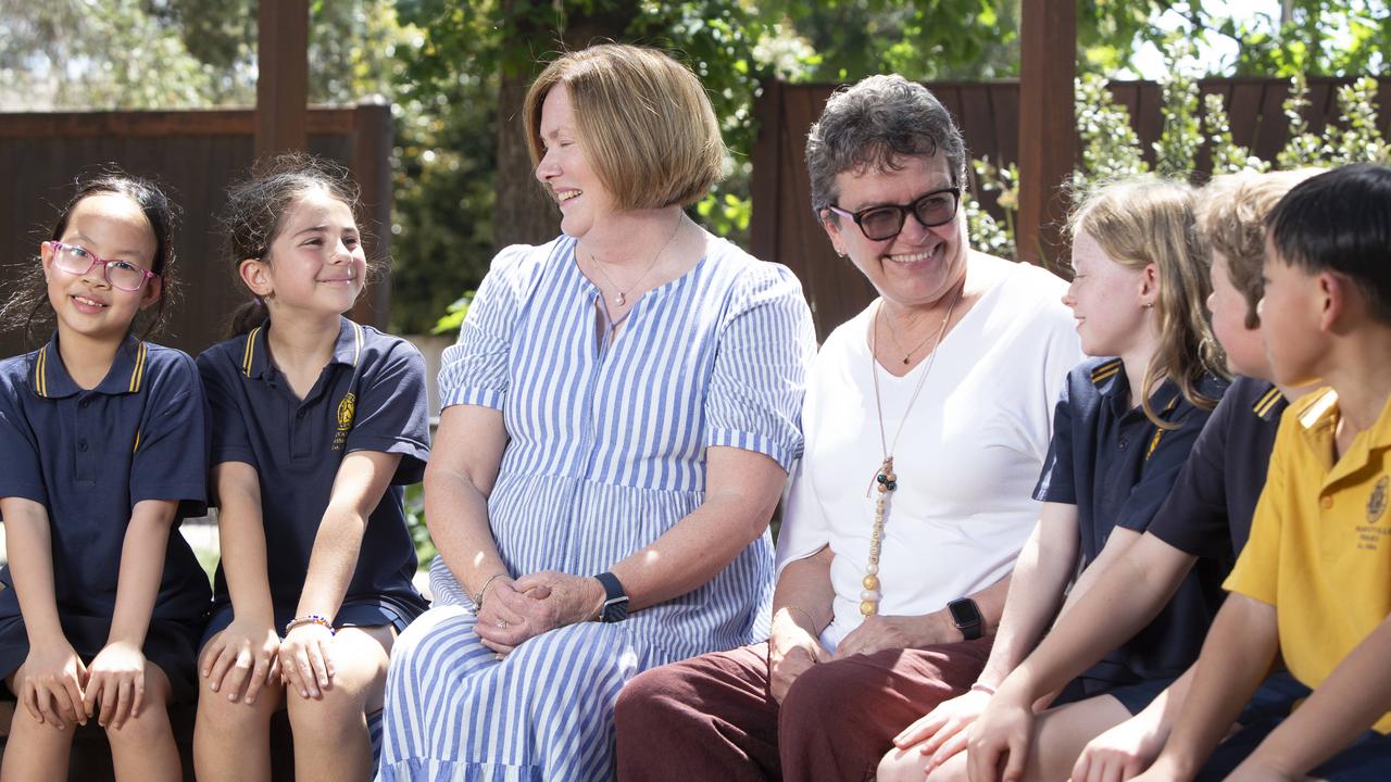 Marryatville Primary School teachers Sheryl Simpson and Sue Shywolup with students Sunny, Sofia Florence, Caleb and Ryan. Picture: Brett Hartwig