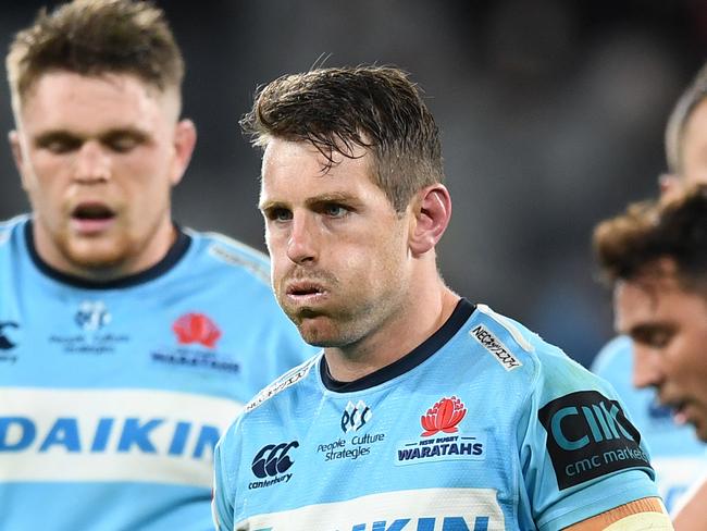 Bernard Foley of the Waratahs reacts during the Round 11 Super Rugby match between the New South Wales Waratahs and the Sharks at Bankwest Stadium in Sydney, Saturday, April 27, 2019. (AAP Image/Joel Carrett) NO ARCHIVING, EDITORIAL USE ONLY