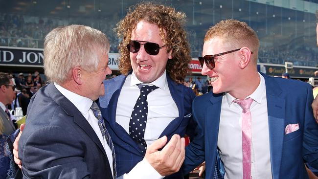 Ciaron Maher celebrates with Jameka’s owners after the win. Picture: Mark Stewart