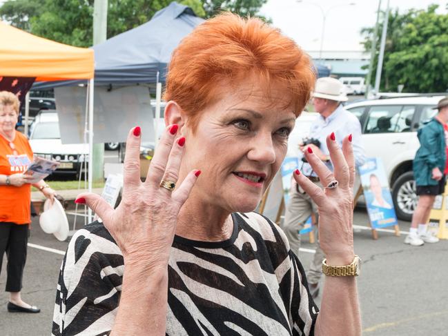 One Nation leader Senator Pauline Hanson at a pre-polling booth in Bundaberg, Queensland, Wednesday, November 22, 2017. Senator Hanson is on the campaign trail ahead of the Queensland state election. (AAP Image/Paul Beutel) NO ARCHIVING