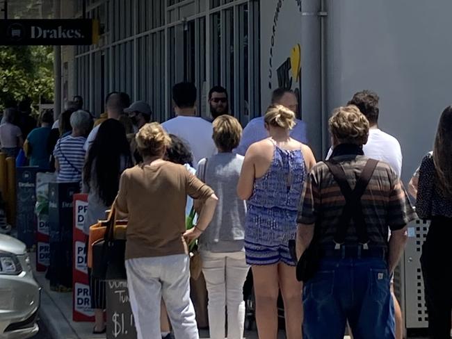 The queue outside David Penberthy's local supermarket on Wednesday. Picture: David Penberthy