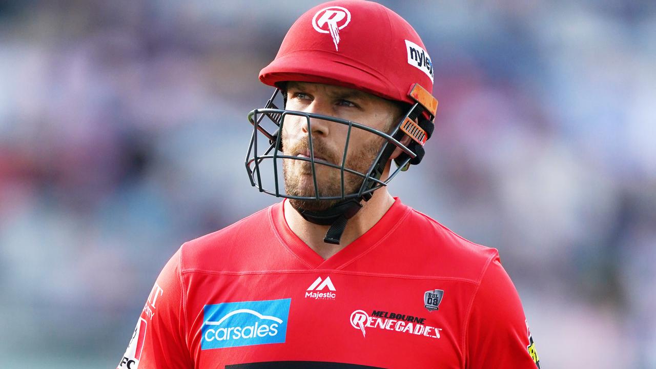 Aaron Finch of the Renegades looks dejected after dismissal during the Big Bash League (BBL) cricket match between Melbourne Renegades and Perth Scorchers at GMHBA Stadium in Geelong, Tuesday, January 7, 2020. (AAP Image/Michael Dodge) NO ARCHIVING, EDITORIAL USE ONLY, IMAGES TO BE USED FOR NEWS REPORTING PURPOSES ONLY, NO COMMERCIAL USE WHATSOEVER, NO USE IN BOOKS WITHOUT PRIOR WRITTEN CONSENT FROM AAP