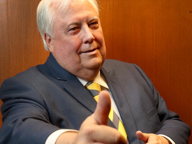 United Australia Party (UAP) leader Clive Palmer gestures during a media event at the Playford Hotel in Adelaide, Thursday, May 2, 2019. (AAP Image/Kelly Barnes) NO ARCHIVING