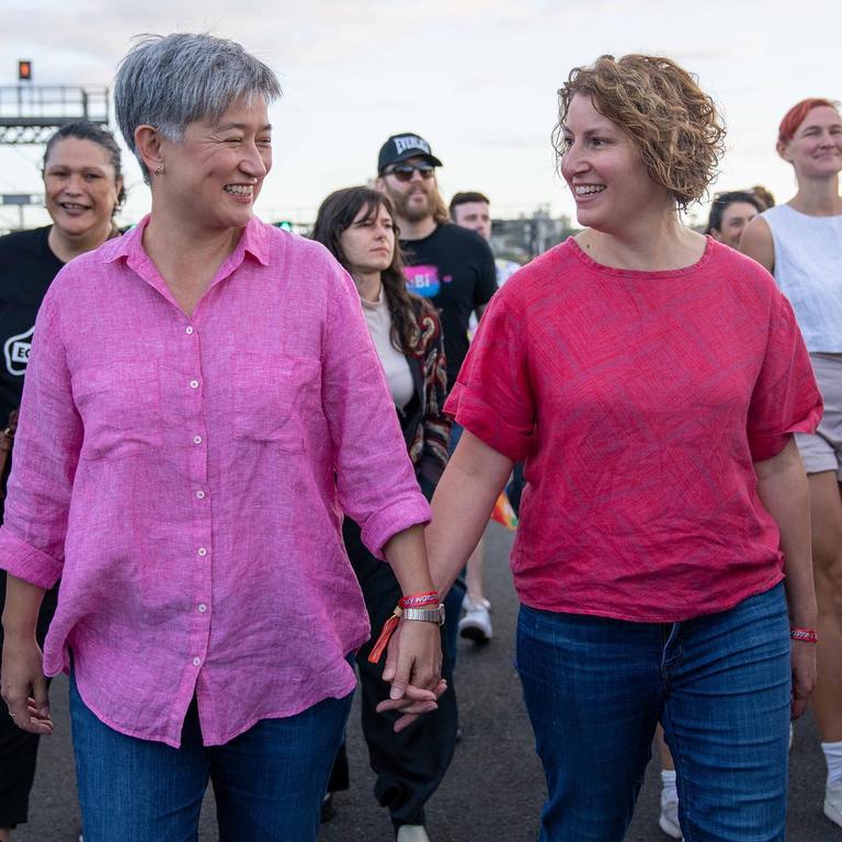 Australian Senator Penny Wong with partner Sophie Allouache at Sydney's Pride March, 5 Feb 2023. Picture: Facebook/Penny Wong